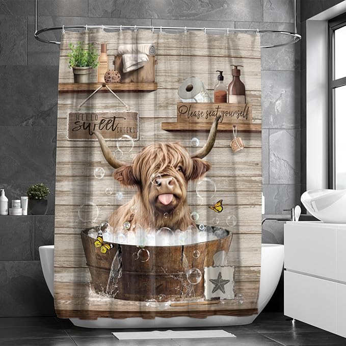 Farmhouse Highland Cow Shower Curtain Funny Western Farm Animal Bull Shower Curtains for Bathroom Decor Waterproof Polyester Fabric Country Cattle Bathroom Curtain with Hooks 72x72 Inch