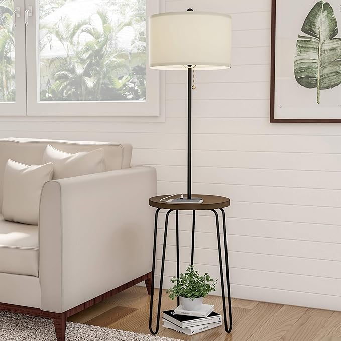 Floor Lamp with Table - Mid-Century Modern Nightstand or Side Table with USB Port and Hairpin Legs - Standing Light with Shelves by Lavish Home