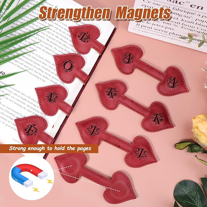 AIERSA Magnetic Bookmarks for Women, Heart Magnetic Leather Bookmark with Initial, A-Z Strong Magnet Book Marks for Book Lovers Reading Women Girls, Book Lovers Gifts Accessories