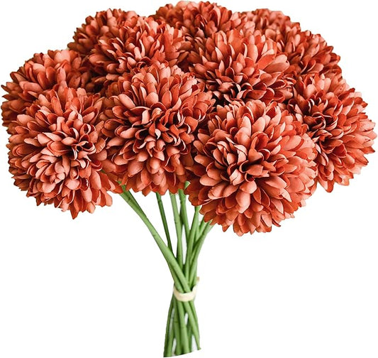 Mandy's Burnt Orange Artificial Ball Chrysanthemum 12 Stems Faux Flowers with Bendable Stems for DIY Wedding Centerpiece Fall Decor Home Arrangements