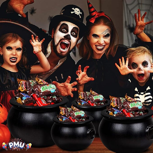 PMU 4 Pc 16" 12" 8" 6" Inch Halloween Black Cauldron Kettle, Halloween Black Plastic Witch Cauldron Kettle, Halloween Party Decorations, Halloween Decorations Indoor & Outdoor