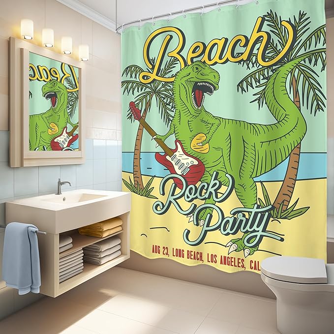 LGhtyro Funny Dinosaur Kids Shower Curtain Bathroom Set 60Wx71H Inches Beach Green Cartoon Dino Trex Animal Raptor Play Guitar Bath Accessories Tropical Palm Tree Art Home Decor Fabric 12 Pack Hooks