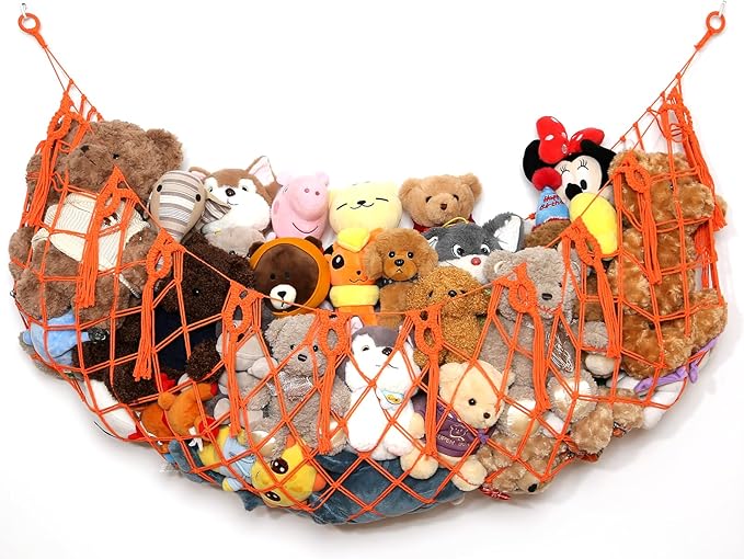 Stuffed Animal Net or Hammock -Wall Mounted-Handmade Macrame Toy Hammock Organizer Stuffed Animal Display Plush Toys Holder Boho Decor for Nursery Playroom orange