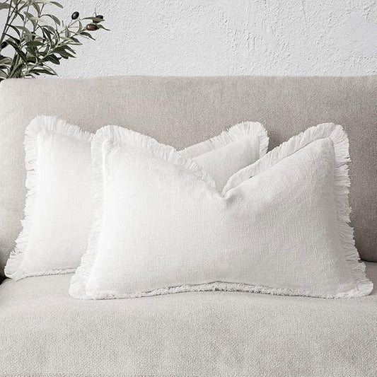 Foindtower Set of 2 Decorative Linen Fringe Lumbar Throw Pillow Covers Boho Farmhouse Cushion Cover with Tassels Soft Accent Pillowcase for Sofa Couch Living Room Home Decor,12×20 Inch,Cream White