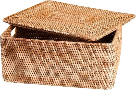 Rattan Basket With Lid, Large Lidded Basket For Storage(11.81" L×7.87"W×5.91"H)
