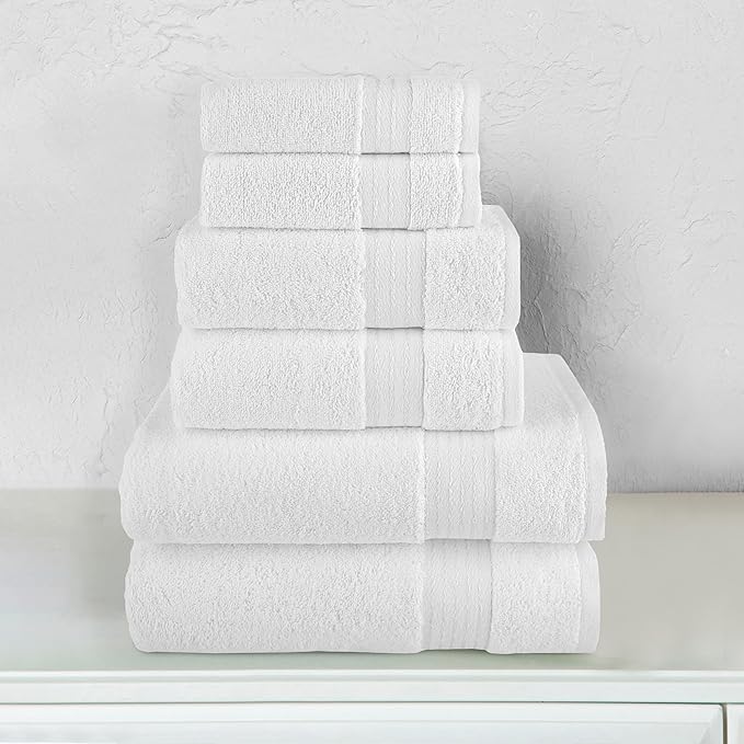 Elegant Comfort Premium Cotton 6-Piece Towel Set, Includes 2 Washcloths, 2 Hand Towels and 2 Bath Towels, 100% Turkish Cotton - Highly Absorbent and Super Soft Towels for Bathroom, White