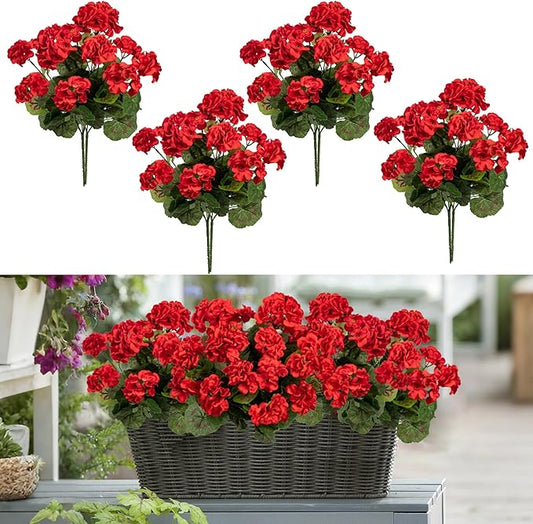 Plastic Flowers for Outdoors Home Decor Fake Plants Artificial Flowers Artificial Geraniums Outdoor Fake Flowers Silk Bouquet, Fall Decor for Interior Porch Garden Decor(Red) 8PCS 14.4"