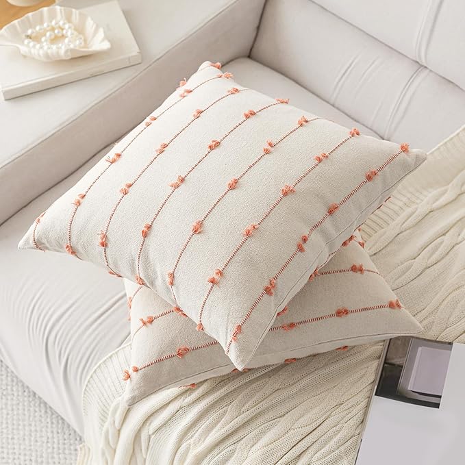 Boho Throw Pillow Covers 16x16 Set of 2 Modern Farmhouse Decorative Cushion Case Tufted Square Pillows Cover Neutral Pillow Cases Accent Pillowcase for Sofa,Couch,Bed,Beige and Pink