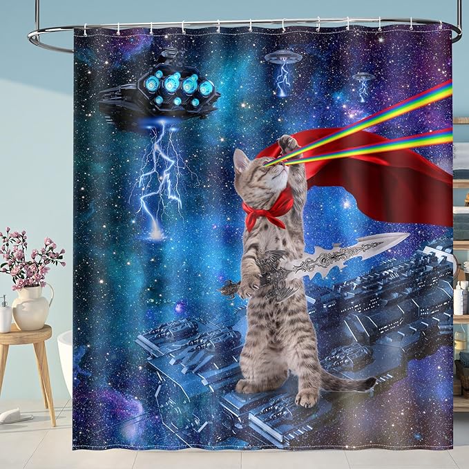 Funny Cat Shower Curtains for Bathroom - Cool Cute Cat on Fantasy Outer Space Galaxy Universe UFO Fun Shower Curtain Set with 12 Hooks for Adults Kids Bathroom Decor Accessories, 72"x72"