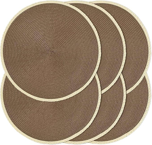 Noctiflorous Round Braided Placemats Set of 6 Table Mats 15 Inches Washable Heat Resistant for Dining Table Non-Slip Indoor Outdoor Place Mats for Easter(01 Coffee Brown 6)