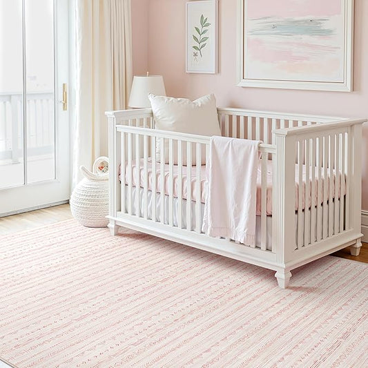 Deerly Pink 3x5 Rugs Boho Moroccan Farmhouse Machine Washable Rug 3x5 Area Rug Non-Slip, Soft Low Pile Indoor Floor Carpet Neutral Rug for Living Room Kitchen Bedroom