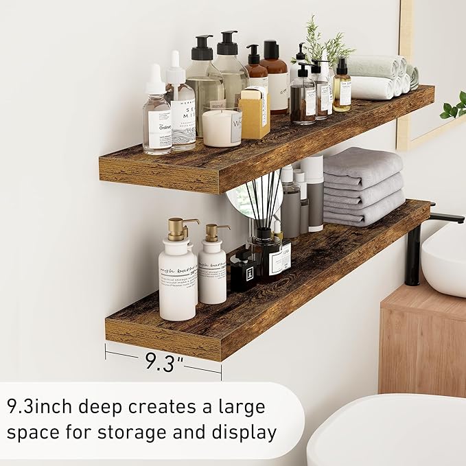 48Inch Floating Shelves, 9.3Inch Deep Rustic Wall Shelves - Extra Deeper & Thicker Wall Mounted Storage Shelf for Kitchen, Farmhouse - Set of 2 - Rustic Brown