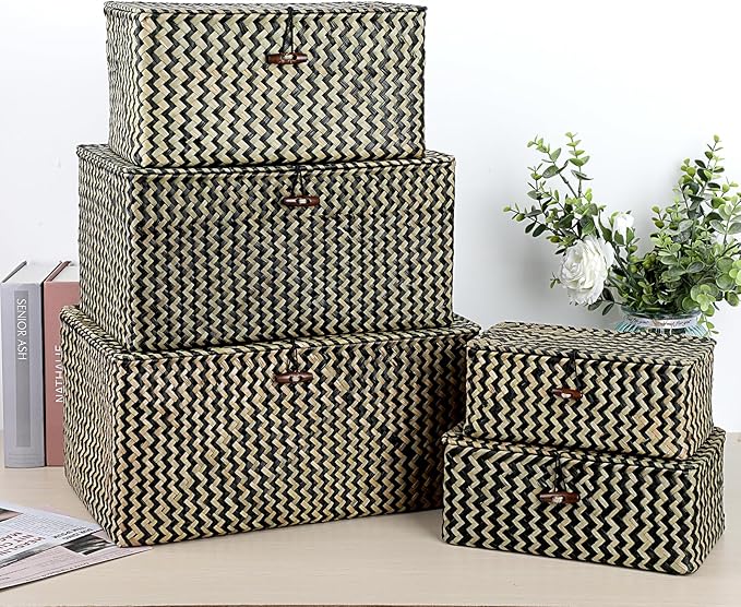Hipiwe Wicker Shelf Baskets Bin with Lid, Handwoven Seagrass Basket Storage Bins Rectangular Household Basket Boxes for Shelf Wardrobe Home Organizer, Black,X-Large