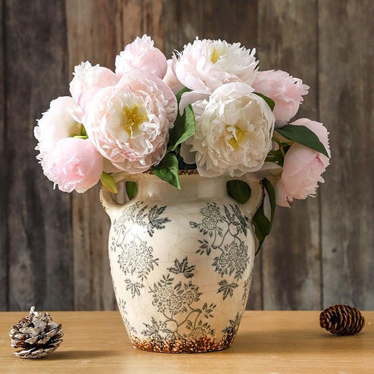 Enra Vintage vase with Handle,Blue and White Ceramic Decorative Flower vase, Chinoiserie Floral Vase,Large Rustic Vases for Home Decors, Living Room, Bookshelf, Office,7.8 in