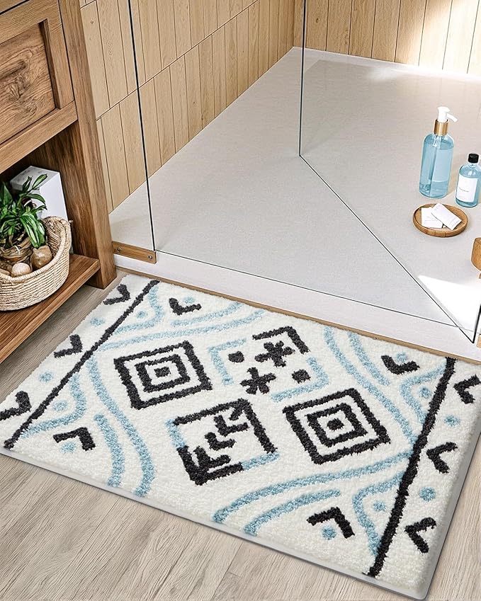 LUMI Bathroom Rugs 20x32, Highly Absorbent Non Slip Machine Washable Floor Mat, Ultra Soft Fluffy Plush Bath Mat for Bathtub Bathroom Shower Home Decor(Blue Black White)