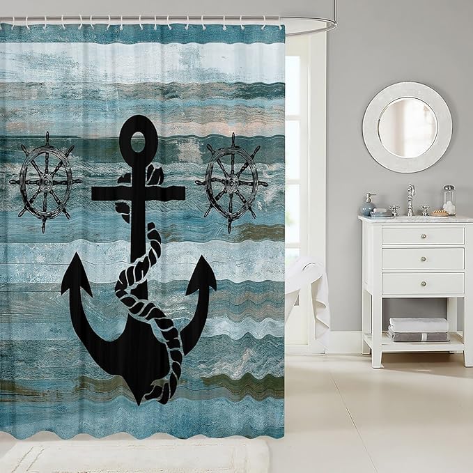 Feelyou Anchor Nautical Shower Curtain Vintage Plank Blue Fabric Shower Curtain Kids Boys Girls Wooden Retro Green Bathroom Waterproof Accessories with 12 Hooks Rustic Farmhouse Curtains,72x84 Inches