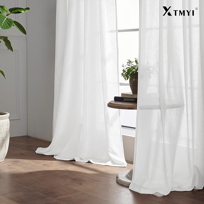 XTMYI 86 Inches Long Back Tab/Hook Belt Linen Cotton Sheer Curtains for Bedroom Living Room,2 Panels,40 Inch Wide,White