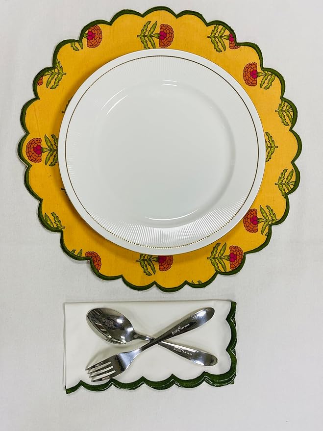 Ridhi Pestal Orange Bo-ho Round Place Mat Double Layer Floral Cotton Washable Placemats 15" Round Embroidery Block Print Table Mat Pack of 4-15 Inch Round