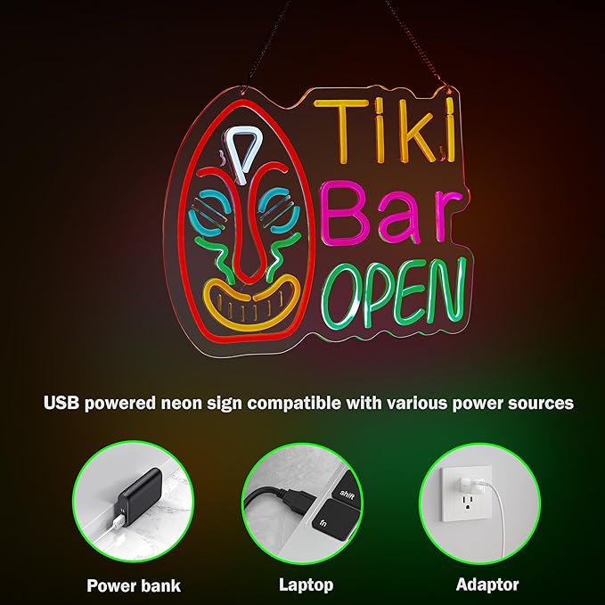 Tiki Bar Open Neon Sign for Wall Décor with Dimmable Switch LED Neon Signs Art Decor Light