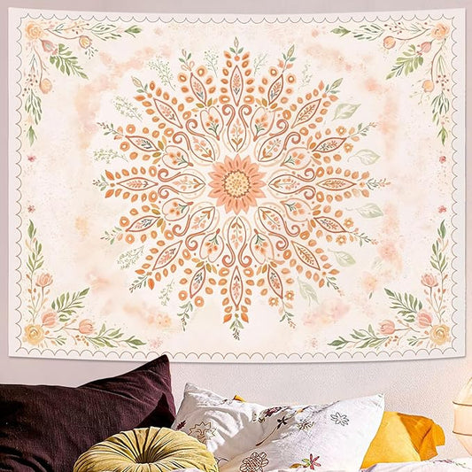 Lunerfex Floral Mandala Tapestry Boho Tapestry for Bedroom Peach Tapestries Wall Hanging Living Room Wall Art and Home Decor 44x60