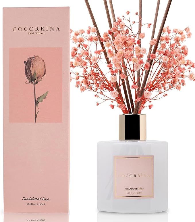 Cocorrína Premium Reed Diffuser Set with Preserved Baby's Breath & Cotton Stick Sandalwood Rose | 6.7oz Scent Fragrance Oil Diffuser for Bedroom Bathroom Home Décor