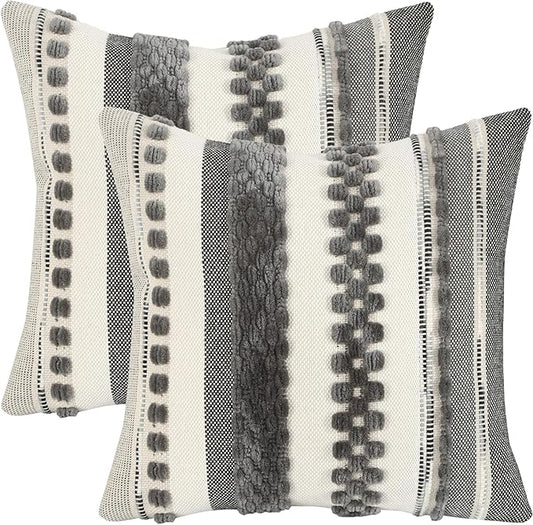 Tosleo Boho Throw Pillow Covers 18x18 Set of 2 Striped Decorative Pillow Cases Accent Chenille Pillowcases Farmhouse Cushion Case Bohemian Nuetral Textured Pillow Cover,Gray