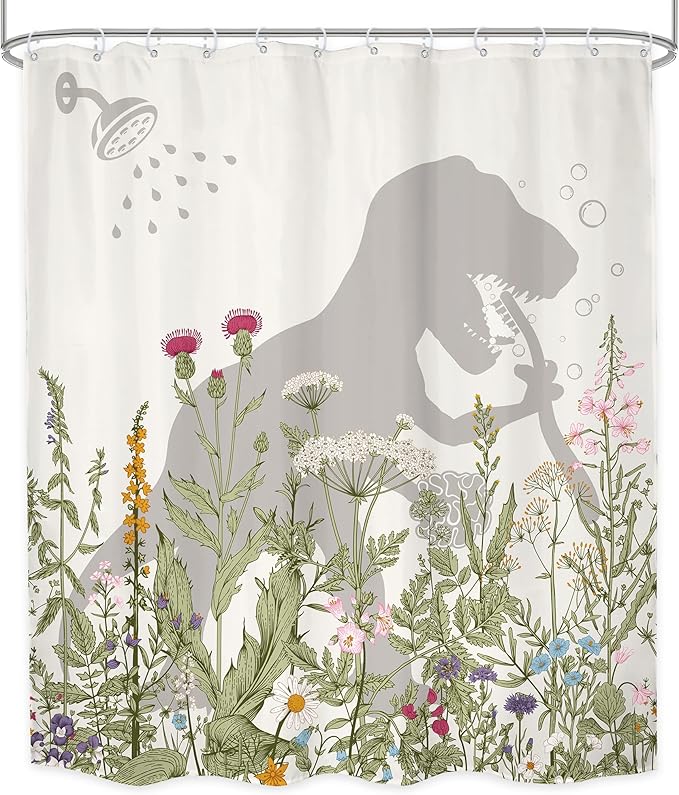 LGhtyro Dinosaur Wildflower Kids Shower Curtain Bathroom Set 60Wx71H Inches Funny Dino Silhouette Floral Rustic Plant Leaves Botanical Bath Accessories for Boys Art Home Decor Fabric 12 Pack Hooks