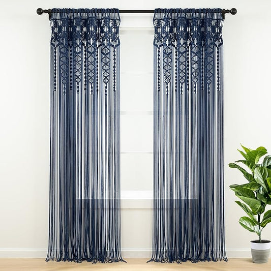 Lush Decor Boho Macrame Textured Cotton Window Curtain Panel, Single Panel, 40" W x 84" L, Navy - Doorway Curtain - Room Divider, Wedding Or Wall Decor - Boho Curtain - Macrame Curtains for Windows