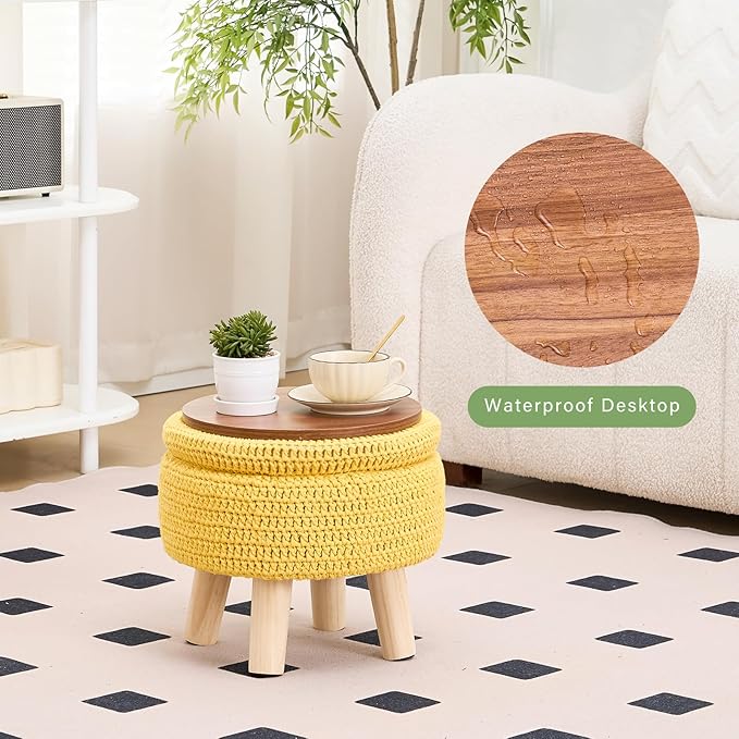 Wimarsbon Pouf Ottoman, 100% Cotton Knitted Boho Footstool, Round Footrest with Non-Skid Wood Legs, Home Décor Handmade Pouffe, Leisure Floor Step Stool for Living Room (Storage Yellow)