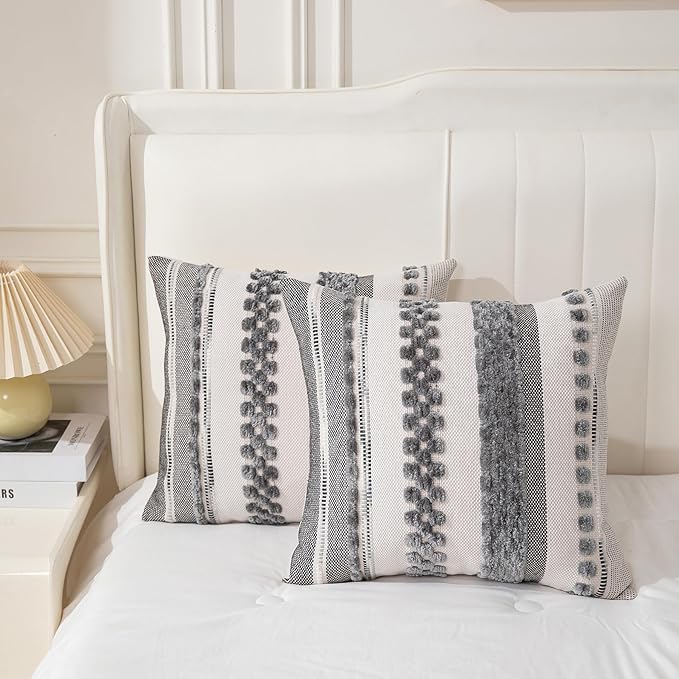 Throw Pillow Covers 18x18 Set of 2 for Couch-Modern Farmhouse Sofa Decorative Boho Pillow Covers Textured Chenille Cushion Covers Outdoor Netural Bohemian Pillow Cases Grey