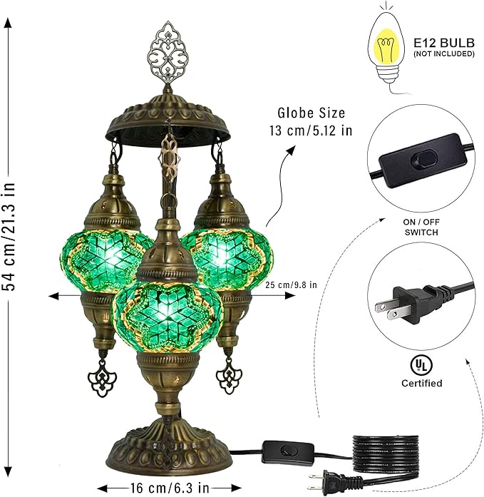 mozaist 3 Globe Mosaic Tiffany Style Table Lamp, Stained Glass Turkish Handcraft Desk Light, Bohemian Vintage Guestroom, Study Room Decorative Teal Lighting with US Plug & E12 Socket(Turquoise Green)