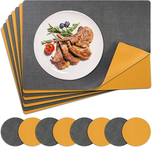 Placemats Set of 8 with Coasters Dual Sided Heat Stain Resistant Place Mats Faux Leather Table Mats Non-Slip Waterproof Oil-Proof Washable Wipeable Table Placemats for Dining Patio Table Kitchen