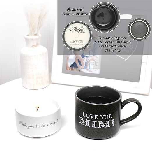 Pavilion - Love You Mimi - 4 Oz Candle & 10.8 Oz Mug Gray & Cream Neutral Stackable To: From: Tag Gift Set