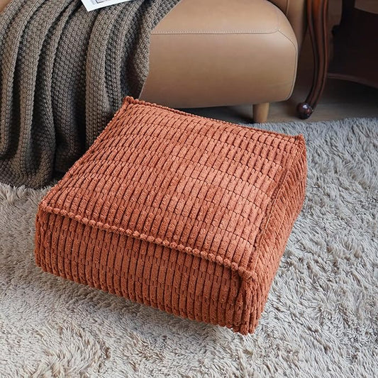 Unstuffed Pouf Ottoman Cover Soft Storage Extra Seat Farmhouse Comfortable Bohemian Poufs Accent Footrest 20x20x8 Inches for Living Room Bedroom Study Nook (Caramel B, Square)