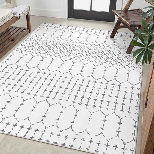 Lahome Moroccan 8x10 Rugs for Living Room - Non-Slip Washable Ultra-Thin Large Rug for Dining, Modern Geometric Print Indoor Soft Carpet for Bedroom Office, White
