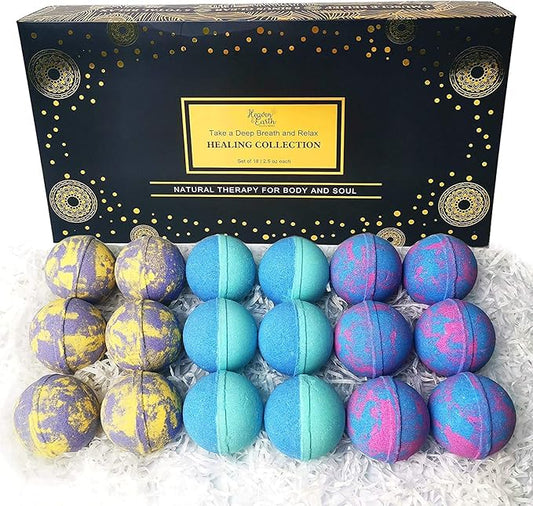 Aromatherapy Bath Bomb Set for Women & Men! Healing Essential Oil Bath Bombs Gift Box with 18 Large Natural Moisturizing Bath Fizzies Bulk Wrapped BathBomb Gift Set for Dry Skin