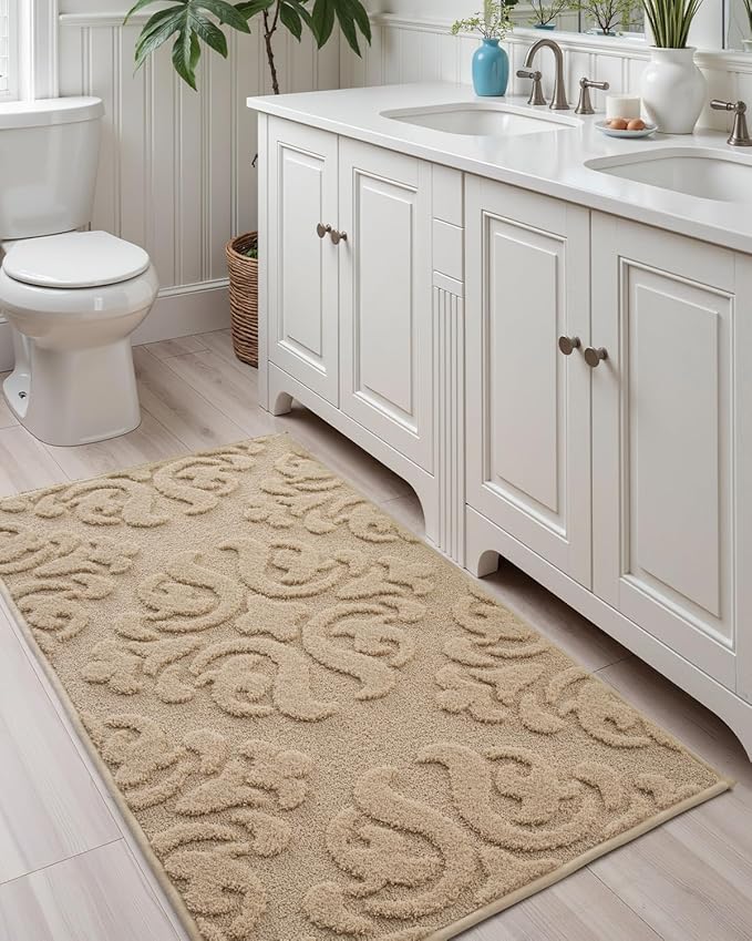 DEXI Bathroom Rug 24x43, Non Slip Washable Bath Mat for Shower Floor, Absorbent Soft Bathmat with Rubber Backing, Plush Fluffy Microfiber Floral Retro Carpet, Beige