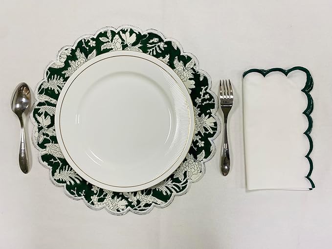 Ridhi Riffle Green Bo-ho Round Place Mat Double Layer Floral Cotton Washable Placemats 15" Round Embroidery Block Print Table Mat Pack of 4-15 Inch Round