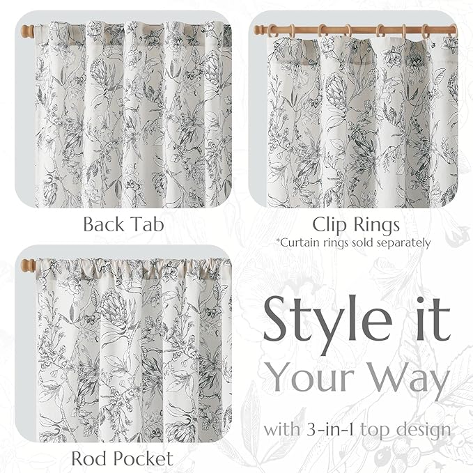 jinchan Floral Curtains 96 Inches Long Charcoal Grey Flower Linen Farmhouse Curtain for Living Room French Country Vintage Curtain Rod Pocket Curtains Set 2 Panels Gray Floral Printed