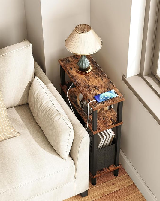 Small Narrow Side Table with Charging Station, Skinny End Table with Fabric Basket, Slim Nightstand for Small Spaces, Sofa Side Table, for Living Room, Bedroom, Rustic Brown and Black TBZ07UBF