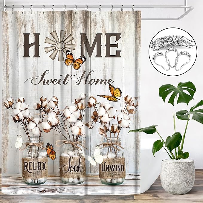 Rustic Farmhouse Shower Curtain Cotton Flowers Shower Curtains for Bathroom Decor Waterproof Polyester Fabric Relax Soak Unwind Floral Bathroom Curtain with Hooks 55x72 Inch