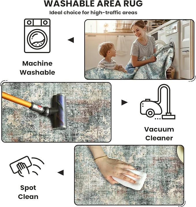 6x9 Area Rugs - Machine Washable Area Rugs for Living Room, Soft Washable Rugs 6x9, Non-Slip Area Rug, Stain Resistant Abstract Low Pile Thin Rug