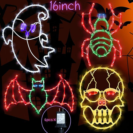 Halloween Window Lights - 16" Halloween Window Silhouette Holiday Displays - 4 Pack Colour Lighted Bats & Ghost & Spider & Skull Head for Holiday Indoor and Outdoor Wall Door Window Decorate