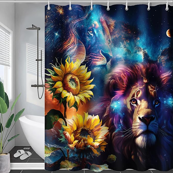 AILONEN Lion Shower Curtain for Kids Boys Teens,Galaxy Sunflower Lion Bath Curtain for Bathroom Decor,Modern Romantic Polyester Waterproof with 12 Plastic Hooks 72" W*72" H