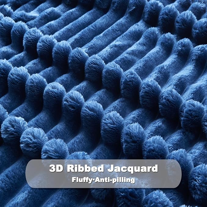 NEWCOSPLAY Super Soft King Blanket Navy Premium Silky Flannel Fleece 3D Ribbed Jacquard Lightweight Bed Blanket All Season Use (Navy Ribbed, King(90"x110"))