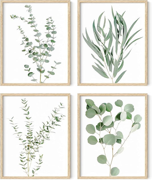 HAUS AND HUES Botanical Plant Wall Art Prints - Set of 4 Plant Wall Decor Prints, Floral Kitchen, Flower Leaves Wall Art, Boho Leaf Eucalyptus Wall Decor, Green Botanical Poster (Beige Frame, 8x10)