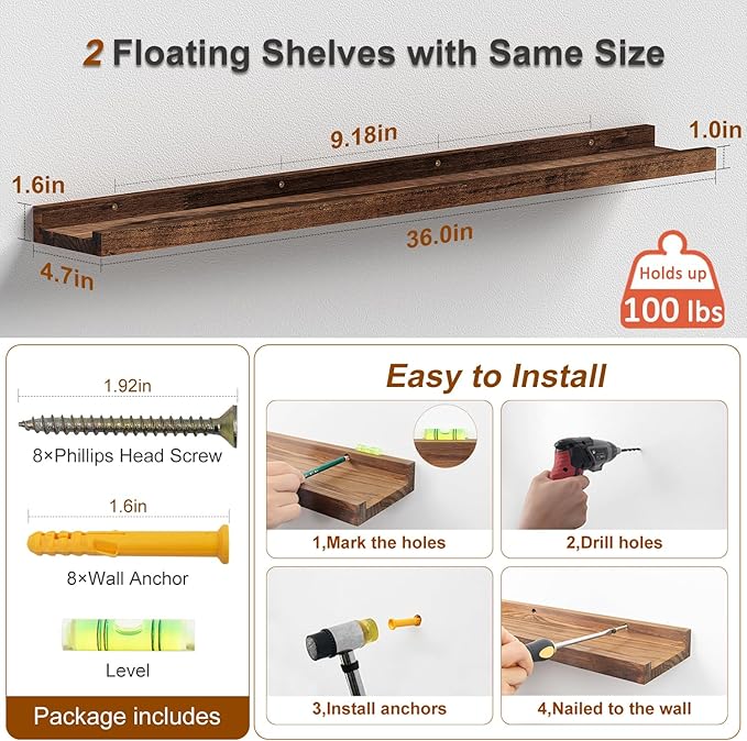 Floating Shelves for Wall 36 Inch Long, Rustic Wood Wall Shelves for Bathroom Living Room Bedroom Kitchen Farmhouse Set of 2, Heavy Duty Wall Mounted Bookshelves,Bookshelf (Walnut, 2Pack 36inch)