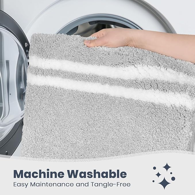 PURRUGS Bathroom Rug Non-Slip Machine Washable 20" x 30", Super Absorbent and Quick Dry Shaggy Microfiber Bath Mat, Extra Soft and Plush Bath Rug for Bathtub, Shower and Sink, Light Grey