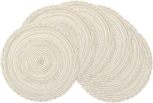 SHACOS Round Placemats Set of 6 Boho Braided Bordered Placemats 15 inch for Dining Tables Wedding Holiday Party (Ivory Bordered, 6)