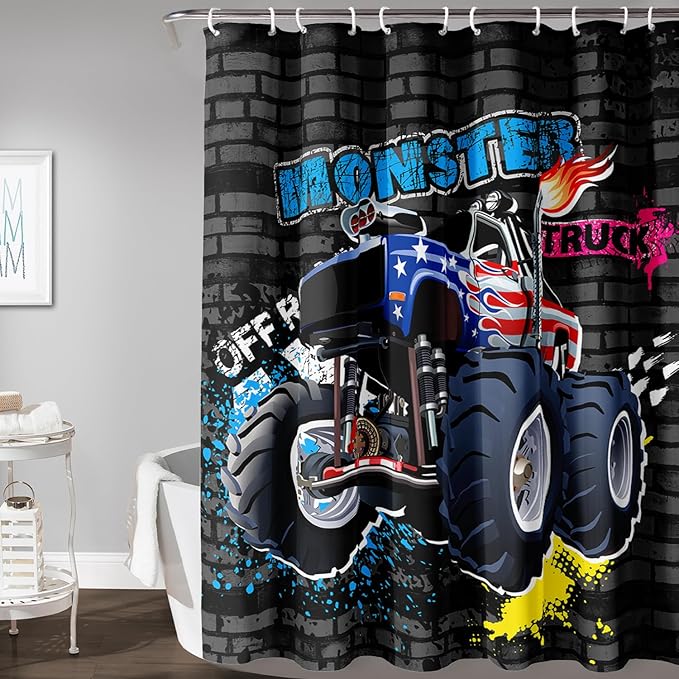 AILONEN Monster Truck Shower Curtain, Black Retro 3D Printed Truck Bath Curtain for Boys,Red Blue Truck Car Bathroom Decor Waterproof Fabric 72" W*78" H Inch with 12 Plastic Hooks